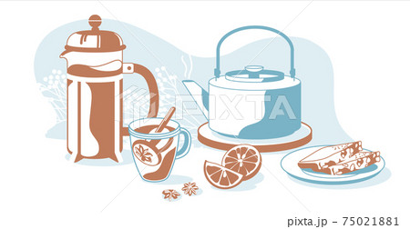 Composition of breakfast objects: tea, french press, teapot, lemon, bread, decorative plants isolated white background vector illustration 75021881