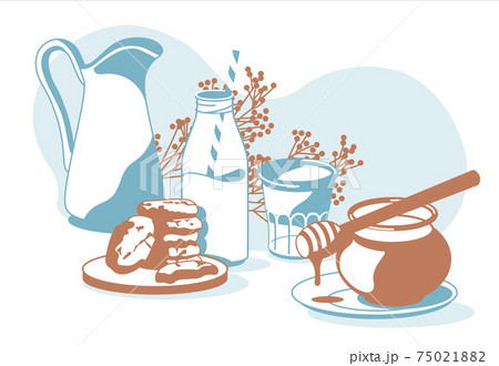 Composition of breakfast objects: milk, glass, cookies, biscuit, honey, decorative plants isolated white background vector illustration 75021882