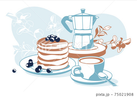 Composition of breakfast objects: coffee, pancakes, decorative plants isolated white background vector illustration 75021908