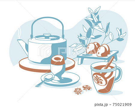 Composition of breakfast objects: tea, glass, tapot, lemon, eggs, decorative plants isolated white background vector illustration 75021909