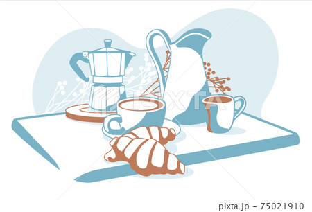 Composition of breakfast objects: coffee, croissants, milk, cream isolated white background vector illustration 75021910