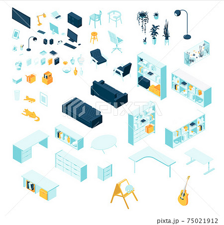 Isometric cabinet and living room home furniture and accessories interior set isolated white background 75021912