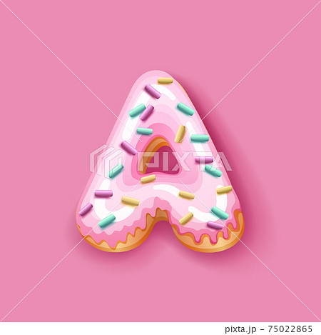Donut icing pink upper latters - A Font of donuts. Bakery sweet alphabet. Donut alphabet latter A isolated on pink background, vector illustration 75022865