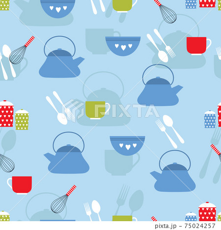cute kitchen pattern in vector on blue background 75024257