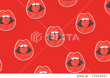 Background of similar stickers with red lips and heart in mouth Background of similar stickers with red lips and heart in mouth 75024935