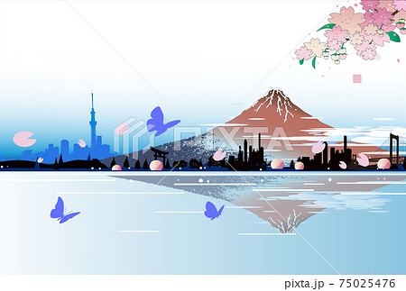 赤富士の春,桜と蝶と街並み 75025476