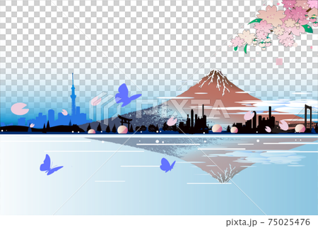 赤富士の春,桜と蝶と街並み 75025476