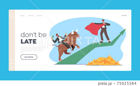 Trader Character Investment, Bullish Stock Market Trading Landing Page Template. Businessman Bullfighter Tease Bull 75025564