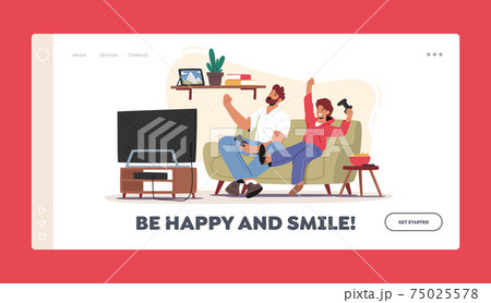 Little Boy with Dad Playing Video Games Landing Page Template. Happy Characters Sitting front of Tv Set with Joysticks 75025578