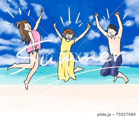 夏の海でジャンプする3人組のイラスト素材