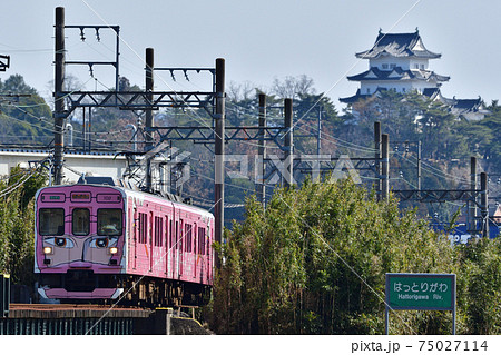 伊賀鉄道のピンクの忍者列車と伊賀上野城 伊賀鉄道のピンクの忍者列車と伊賀上野城 75027114
