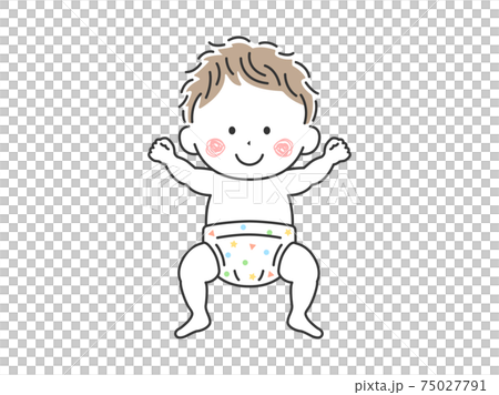 Illustration of a smiling baby lying down in a diaper 75027791