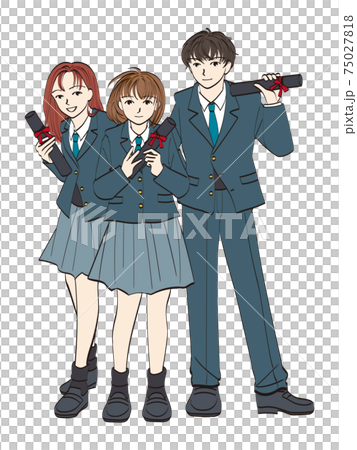 卒業証書を持って微笑む女子高生と男子学生のイラスト素材