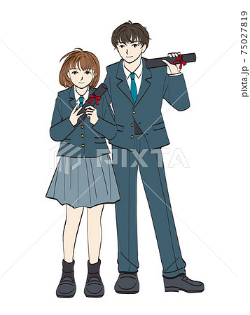 卒業証書を持って微笑む女子高生と男子学生のイラスト素材