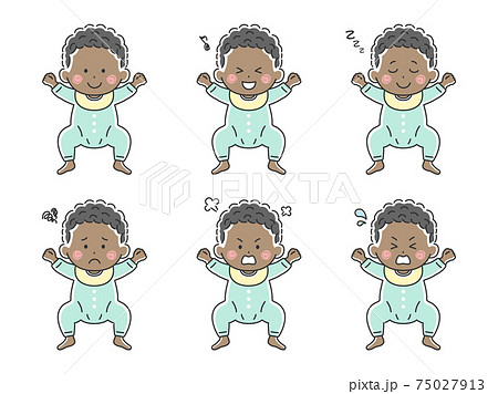 ベビー服を着た黒人の赤ちゃんのイラストセットのイラスト素材
