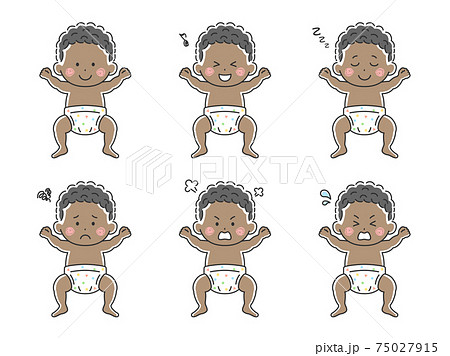 オムツをはいた黒人の赤ちゃんのイラストセットのイラスト素材