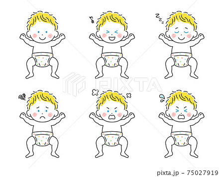 オムツをはいた白人の赤ちゃんのイラストセットのイラスト素材