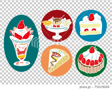 Coffee shop dessert illustration set Parfait, pudding a la mode, cake, crepe, tart 75029089