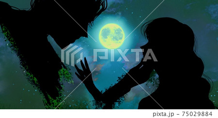 満月を背景に別れを惜しむお姫様と魔法をかけられた王子様 75029884