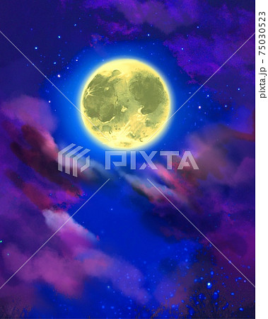 黄色く輝く満月と風に靡く雲の幻想的な夜空の風景画のイラスト素材