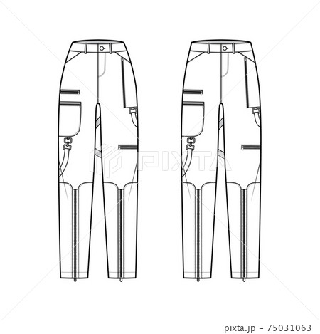 Set of Bondage pants technical fashion illustration with normal low waist, high rise, pockets, belt loops, full lengths. 75031063