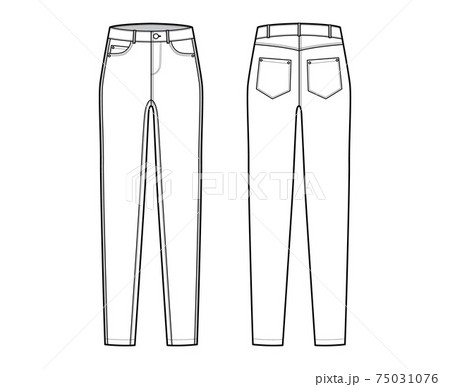 Jeans tapered Denim pants technical fashion illustration with full length, low waist, rise, 5 pockets, Rivets, belt loop 75031076