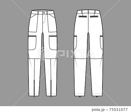 Set of Parachute pants technical fashion illustration with normal waist, rise, pockets, belt loops, full lengths. Flat 75031077