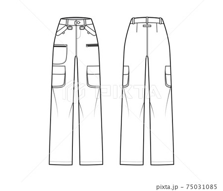 Ski pants technical fashion illustration with low waist, high rise, flap  zipper patch pockets, belt loops