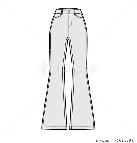 Jeans flared bottom Denim pants technical fashion illustration with full length, normal waist, high rise, 5 pockets 75031093