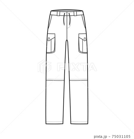 Zip-off convertible pants technical fashion illustration with low waist, high rise, box cargo jetted pockets, drawstring 75031105