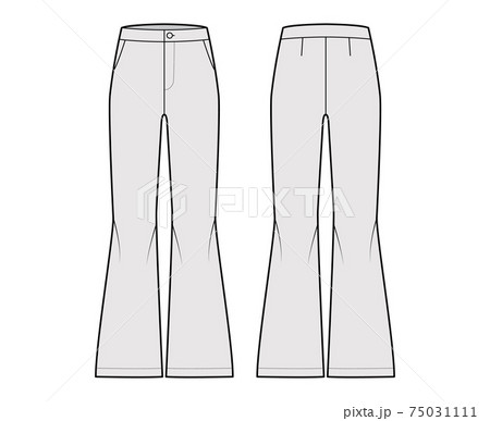 Pants bell-bottom technical fashion illustration with normal waist, high rise, slant pockets, wide legs, full length. Pants bell-bottom technical fashion illustration with normal waist, high rise, slant pockets, wide legs, full length. 75031111