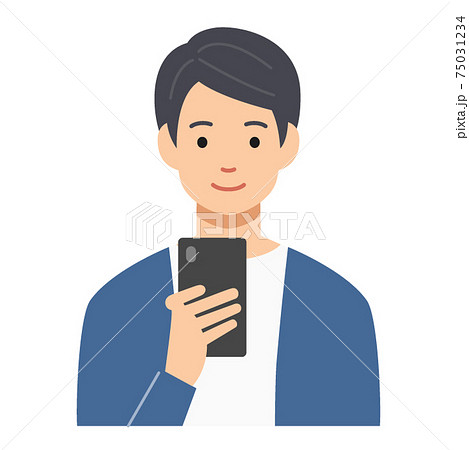 笑顔でスマホを見る若い男性のイラスト素材 笑顔でスマホを見る若い男性のイラスト素材