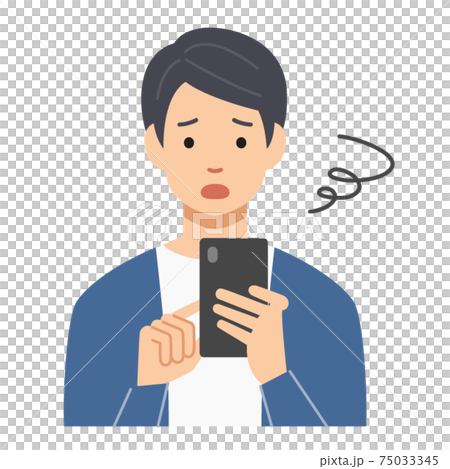 困った顔でスマホを見る若い男性のイラスト素材