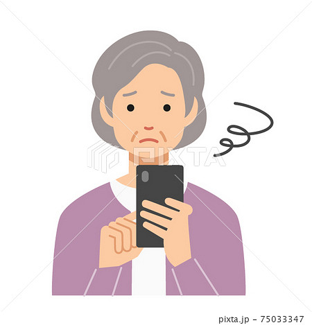 困った顔でスマホを見る高齢者女性のイラスト素材