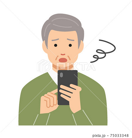 困った顔でスマホを見る高齢者男性のイラスト素材