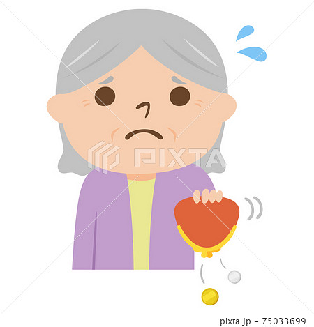 高齢者のイラスト お金が入ってないがま口の財布を振って困ってる女性のお年寄り のイラスト素材