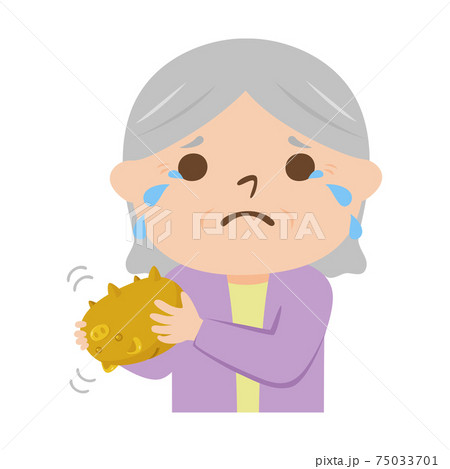 高齢者のイラスト お金が入ってない貯金箱を振ってる悲しんでる女性のお年寄り のイラスト素材