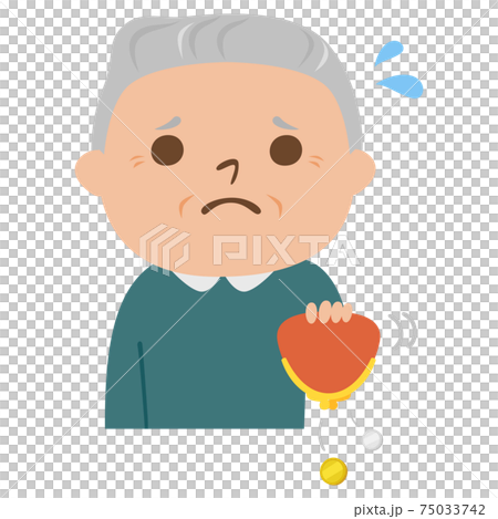 高齢者のイラスト。お金が入ってないがま口の財布を振って困ってる男性のお年寄り。 75033742