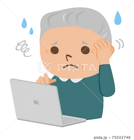 高齢者のイラスト ノートパソコンの操作に困ってる男性のお年寄り のイラスト素材