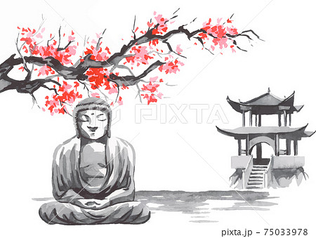 Japan traditional sumi-e painting. Fuji mountain, sakura, sunset. Japan sun. Indian ink vector illustration. Japanese picture. Japan traditional sumi-e painting. Fuji mountain, sakura, sunset. Japan sun. Indian ink vector illustration. Japanese picture. 75033978