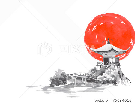 Japan traditional sumi-e painting. Fuji mountain, sakura, sunset. Japan sun. Indian ink vector illustration. Japanese picture. 75034016