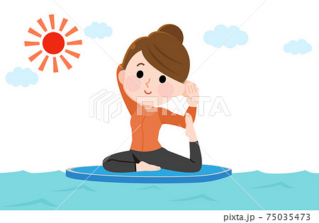 サップヨガをする女性　ハトのポーズ　イラスト 75035473