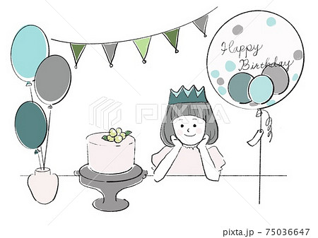 誕生日のバルーンを使った映える飾りつけと女の子のイラスト素材