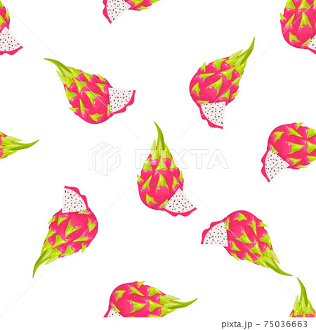 Seamless pattern with fresh whole and cut slice red pitaya fruits isolated on white background. Summer fruits for healthy lifestyle. Organic fruit. Cartoon style. Vector illustration for any design. 75036663