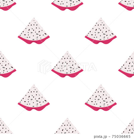 Seamless pattern with fresh cut slice red pitaya fruits isolated on white background. Summer fruits for healthy lifestyle. Organic fruit. Cartoon style. Vector illustration for any design. 75036665