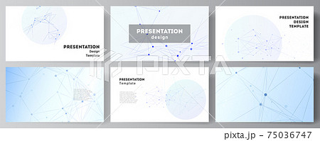 Vector layout of presentation slides design business templates, multipurpose template for presentation brochure, brochure cover, report. Blue medical background with connecting lines and dots, plexus. 75036747