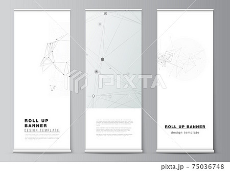 Vector layout of roll up mockup templates for vertical flyers, flags design templates, banner stands, advertising mockups. Gray technology background with connecting lines and dots. Network concept. 75036748