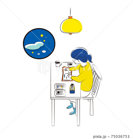 夜の手帳時間でリラックスする女性のイラスト素材