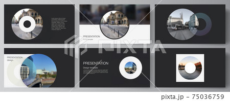 Vector layout of the presentation slides design business templates, multipurpose template for presentation brochure, cover. Background template with rounds, circles for IT, technology. Minimal style. 75036759