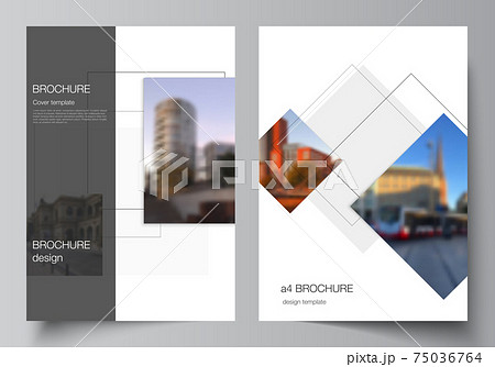 Vector layout of A4 format cover mockups design templates with geometric simple shapes, lines and photo place for brochure, flyer layout, booklet, cover design, book, brochure cover. 75036764